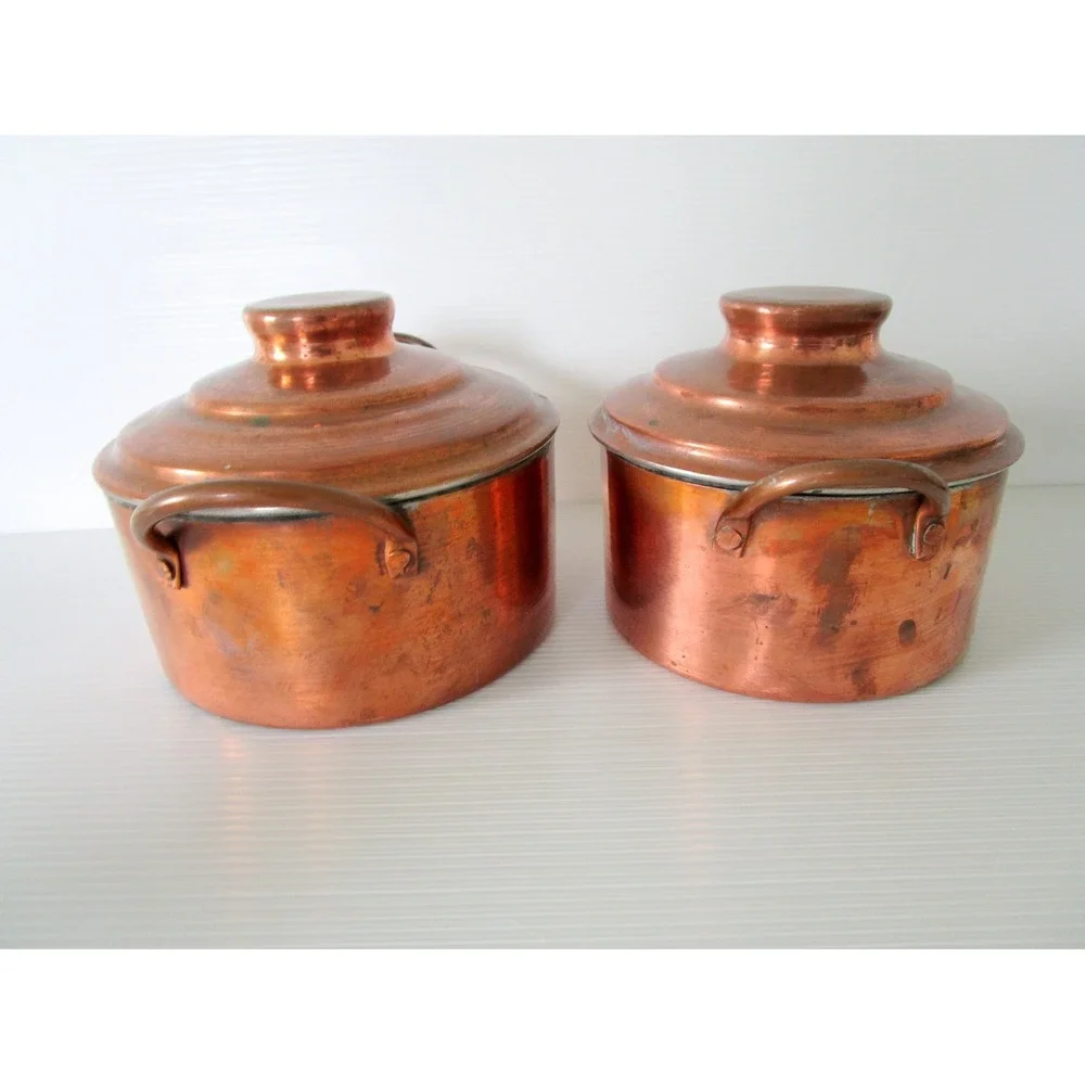 Set of 2 Vintage Copper Little Pots with Unique Lids Double Handles Tin Lined